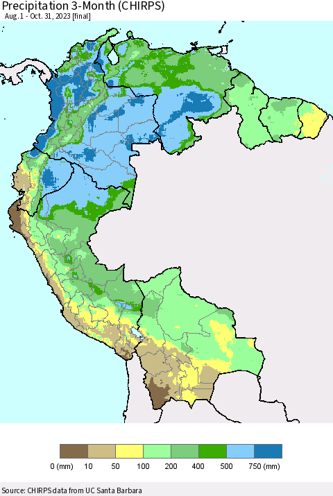 Northern South America Precipitation 3-Month (CHIRPS) Thematic Map For 8/1/2023 - 10/31/2023