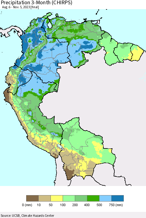 Northern South America Precipitation 3-Month (CHIRPS) Thematic Map For 8/6/2023 - 11/5/2023