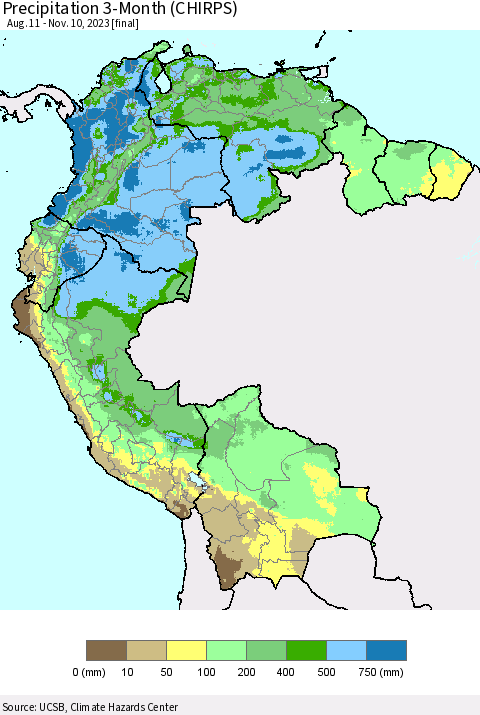 Northern South America Precipitation 3-Month (CHIRPS) Thematic Map For 8/11/2023 - 11/10/2023