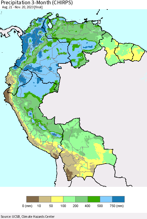 Northern South America Precipitation 3-Month (CHIRPS) Thematic Map For 8/21/2023 - 11/20/2023