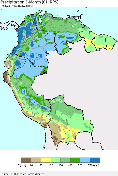 Northern South America Precipitation 3-Month (CHIRPS) Thematic Map For 8/26/2023 - 11/25/2023