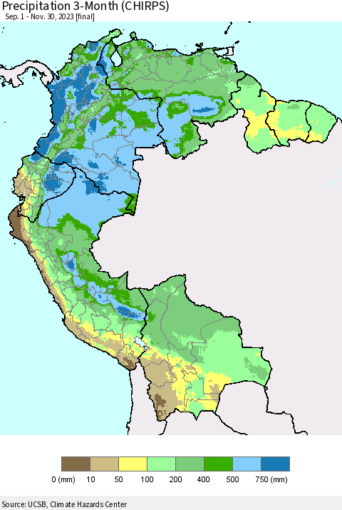 Northern South America Precipitation 3-Month (CHIRPS) Thematic Map For 9/1/2023 - 11/30/2023