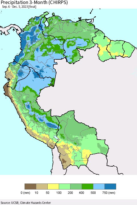 Northern South America Precipitation 3-Month (CHIRPS) Thematic Map For 9/6/2023 - 12/5/2023