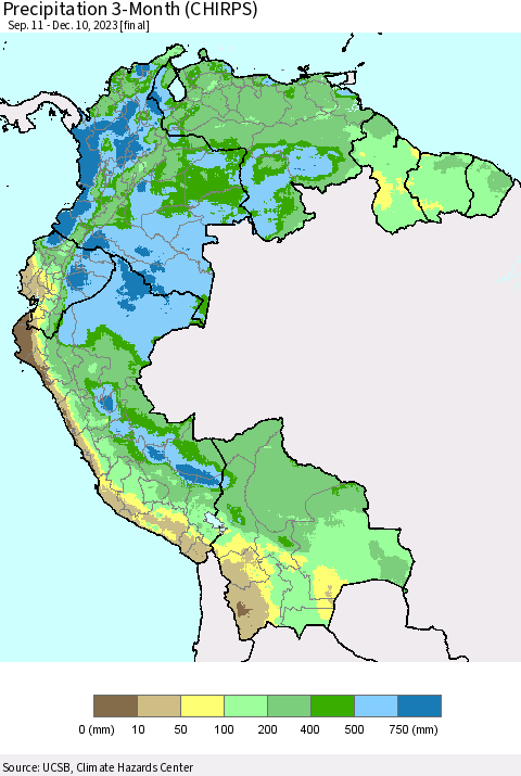 Northern South America Precipitation 3-Month (CHIRPS) Thematic Map For 9/11/2023 - 12/10/2023