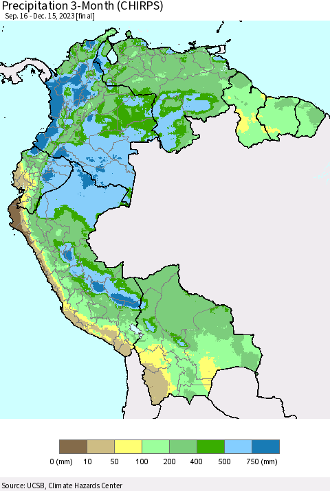 Northern South America Precipitation 3-Month (CHIRPS) Thematic Map For 9/16/2023 - 12/15/2023