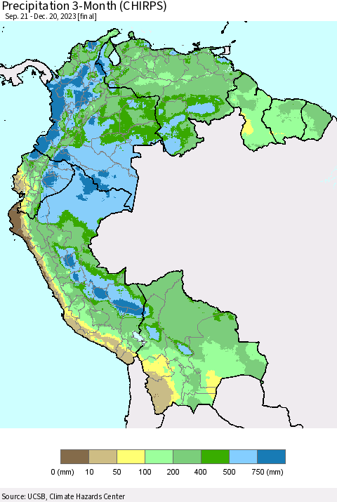 Northern South America Precipitation 3-Month (CHIRPS) Thematic Map For 9/21/2023 - 12/20/2023