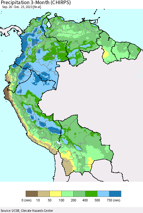 Northern South America Precipitation 3-Month (CHIRPS) Thematic Map For 9/26/2023 - 12/25/2023