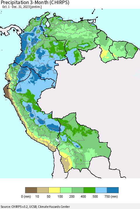 Northern South America Precipitation 3-Month (CHIRPS) Thematic Map For 10/1/2023 - 12/31/2023
