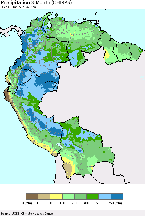 Northern South America Precipitation 3-Month (CHIRPS) Thematic Map For 10/6/2023 - 1/5/2024