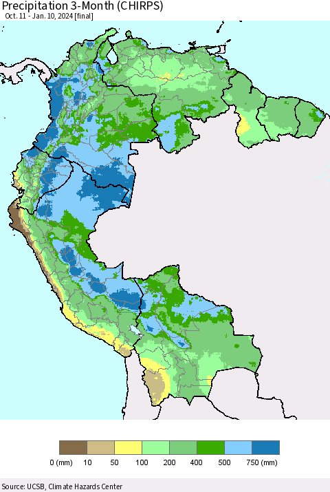Northern South America Precipitation 3-Month (CHIRPS) Thematic Map For 10/11/2023 - 1/10/2024