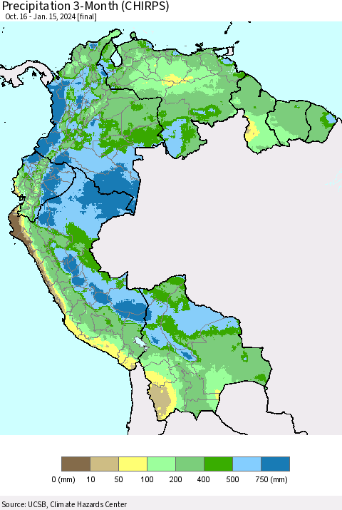 Northern South America Precipitation 3-Month (CHIRPS) Thematic Map For 10/16/2023 - 1/15/2024