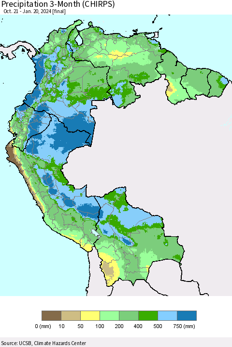 Northern South America Precipitation 3-Month (CHIRPS) Thematic Map For 10/21/2023 - 1/20/2024