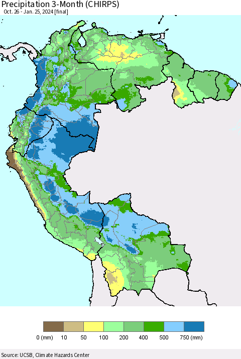 Northern South America Precipitation 3-Month (CHIRPS) Thematic Map For 10/26/2023 - 1/25/2024