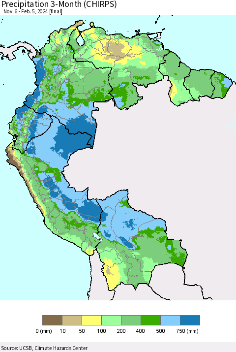 Northern South America Precipitation 3-Month (CHIRPS) Thematic Map For 11/6/2023 - 2/5/2024