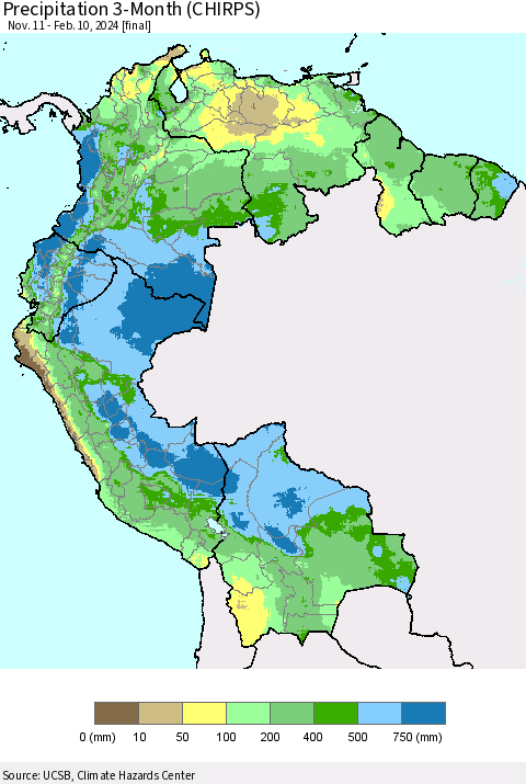 Northern South America Precipitation 3-Month (CHIRPS) Thematic Map For 11/11/2023 - 2/10/2024