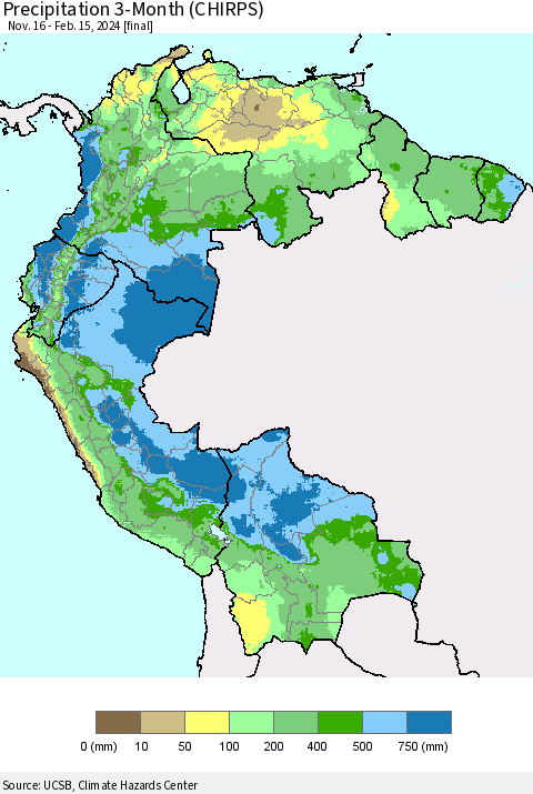 Northern South America Precipitation 3-Month (CHIRPS) Thematic Map For 11/16/2023 - 2/15/2024