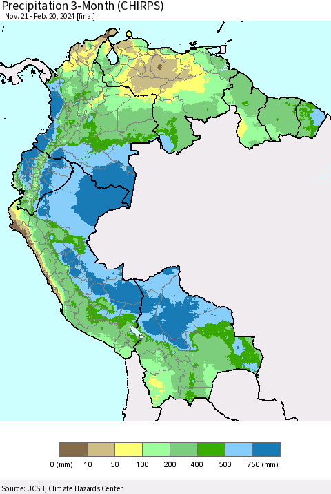 Northern South America Precipitation 3-Month (CHIRPS) Thematic Map For 11/21/2023 - 2/20/2024
