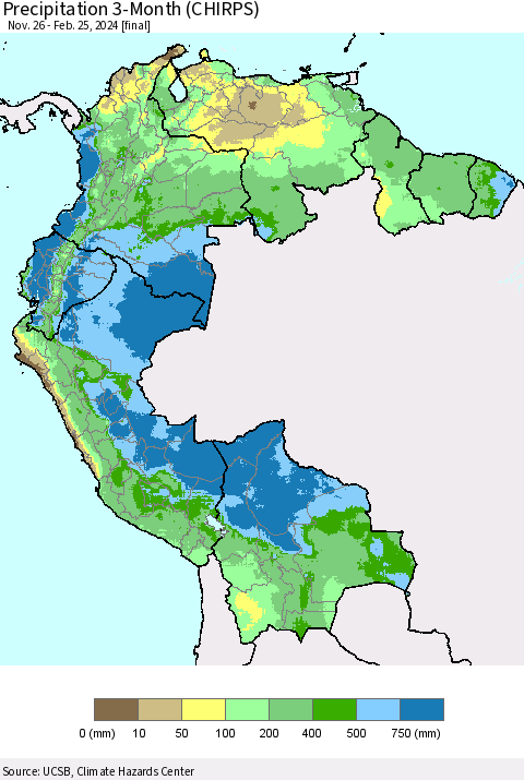 Northern South America Precipitation 3-Month (CHIRPS) Thematic Map For 11/26/2023 - 2/25/2024