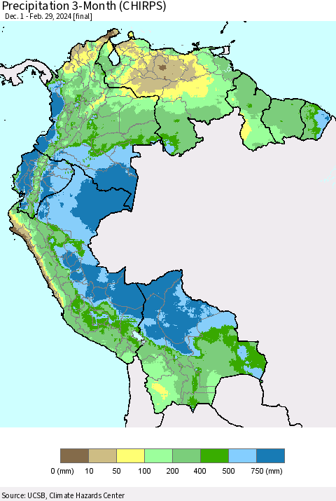 Northern South America Precipitation 3-Month (CHIRPS) Thematic Map For 12/1/2023 - 2/29/2024