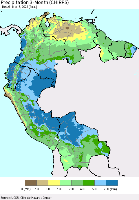 Northern South America Precipitation 3-Month (CHIRPS) Thematic Map For 12/6/2023 - 3/5/2024
