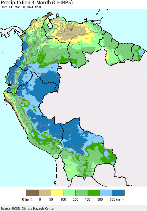 Northern South America Precipitation 3-Month (CHIRPS) Thematic Map For 12/11/2023 - 3/10/2024