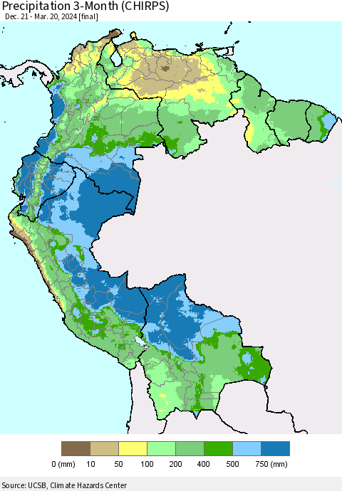 Northern South America Precipitation 3-Month (CHIRPS) Thematic Map For 12/21/2023 - 3/20/2024
