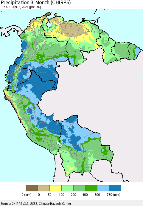 Northern South America Precipitation 3-Month (CHIRPS) Thematic Map For 1/6/2024 - 4/5/2024