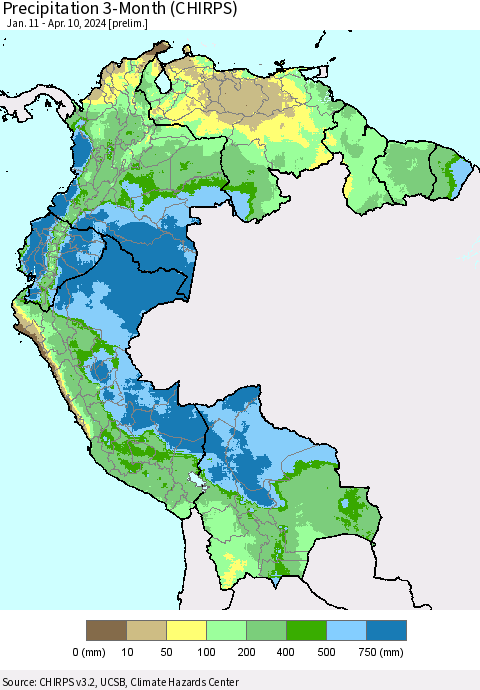 Northern South America Precipitation 3-Month (CHIRPS) Thematic Map For 1/11/2024 - 4/10/2024
