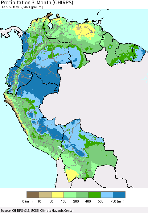 Northern South America Precipitation 3-Month (CHIRPS) Thematic Map For 2/6/2024 - 5/5/2024