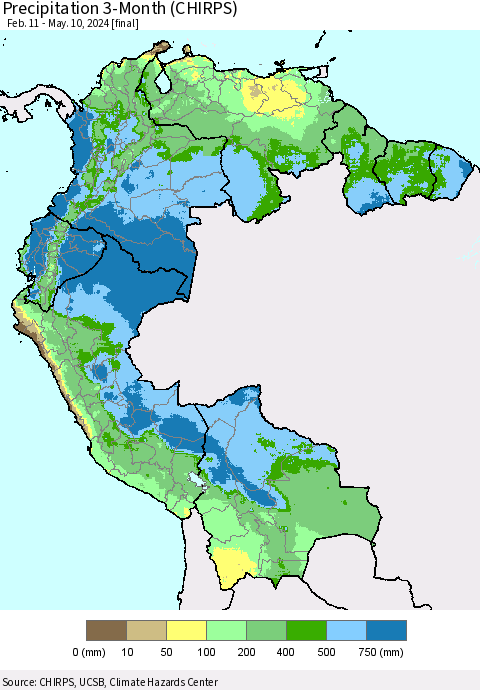 Northern South America Precipitation 3-Month (CHIRPS) Thematic Map For 2/11/2024 - 5/10/2024