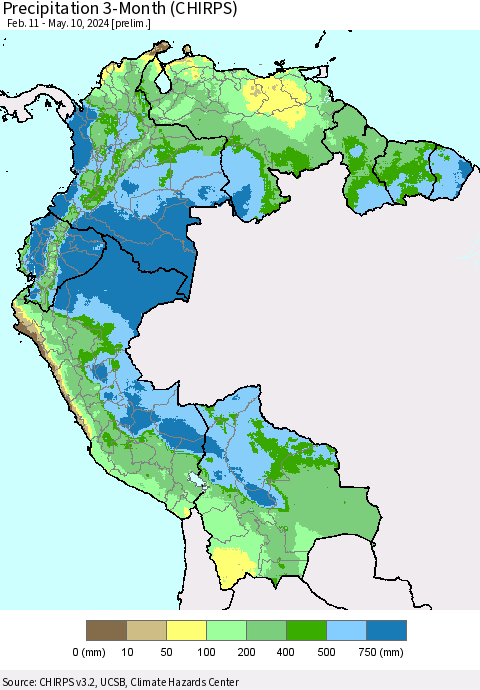 Northern South America Precipitation 3-Month (CHIRPS) Thematic Map For 2/11/2024 - 5/10/2024