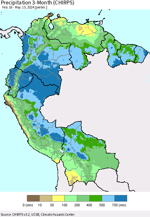 Northern South America Precipitation 3-Month (CHIRPS) Thematic Map For 2/16/2024 - 5/15/2024