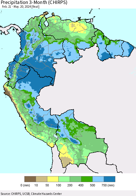Northern South America Precipitation 3-Month (CHIRPS) Thematic Map For 2/21/2024 - 5/20/2024