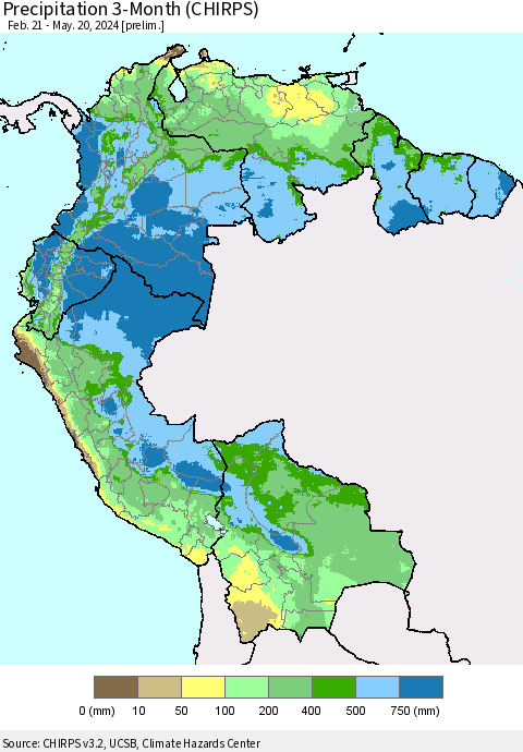 Northern South America Precipitation 3-Month (CHIRPS) Thematic Map For 2/21/2024 - 5/20/2024
