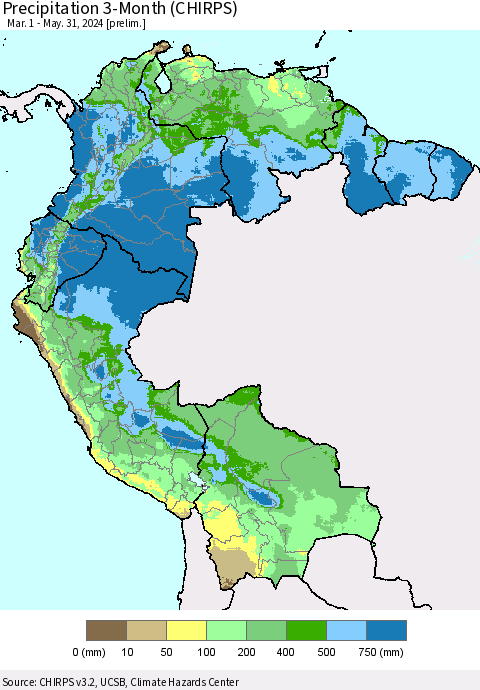 Northern South America Precipitation 3-Month (CHIRPS) Thematic Map For 3/1/2024 - 5/31/2024