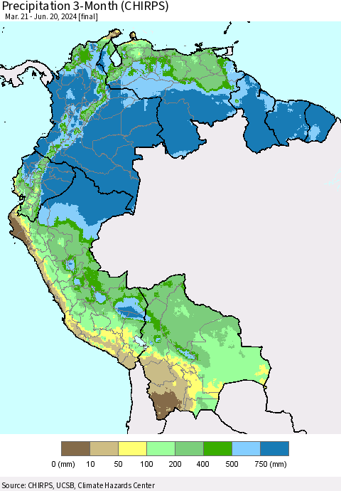 Northern South America Precipitation 3-Month (CHIRPS) Thematic Map For 3/21/2024 - 6/20/2024