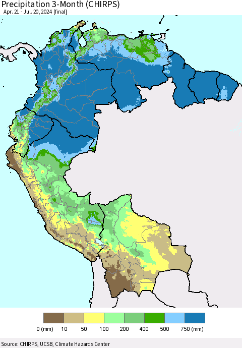Northern South America Precipitation 3-Month (CHIRPS) Thematic Map For 4/21/2024 - 7/20/2024