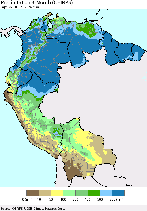 Northern South America Precipitation 3-Month (CHIRPS) Thematic Map For 4/26/2024 - 7/25/2024