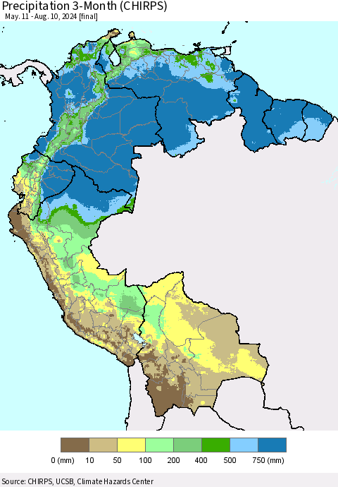 Northern South America Precipitation 3-Month (CHIRPS) Thematic Map For 5/11/2024 - 8/10/2024