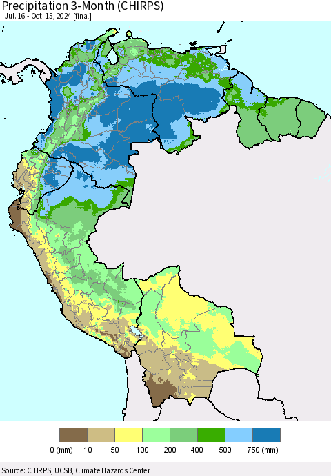 Northern South America Precipitation 3-Month (CHIRPS) Thematic Map For 7/16/2024 - 10/15/2024