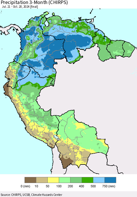 Northern South America Precipitation 3-Month (CHIRPS) Thematic Map For 7/21/2024 - 10/20/2024