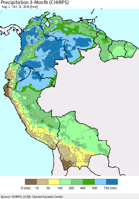 Northern South America Precipitation 3-Month (CHIRPS) Thematic Map For 8/1/2024 - 10/31/2024