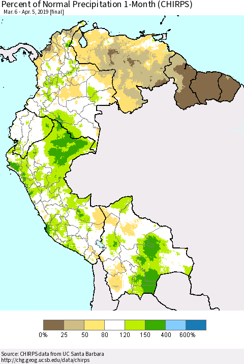 Northern South America Percent of Normal Precipitation 1-Month (CHIRPS) Thematic Map For 3/6/2019 - 4/5/2019