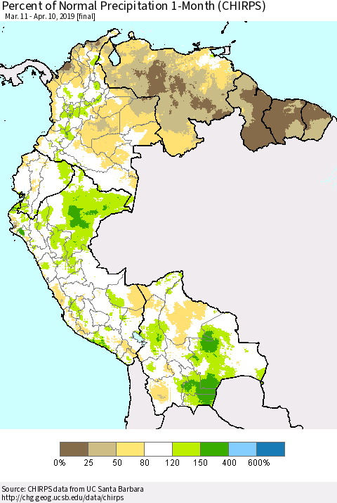 Northern South America Percent of Normal Precipitation 1-Month (CHIRPS) Thematic Map For 3/11/2019 - 4/10/2019