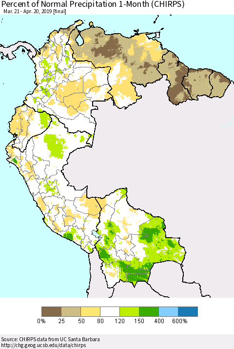 Northern South America Percent of Normal Precipitation 1-Month (CHIRPS) Thematic Map For 3/21/2019 - 4/20/2019