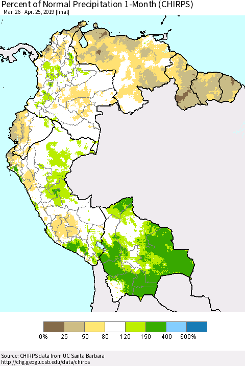 Northern South America Percent of Normal Precipitation 1-Month (CHIRPS) Thematic Map For 3/26/2019 - 4/25/2019