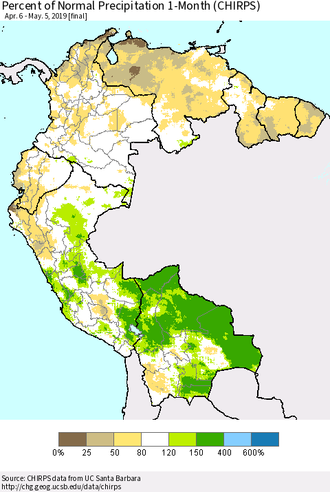 Northern South America Percent of Normal Precipitation 1-Month (CHIRPS) Thematic Map For 4/6/2019 - 5/5/2019