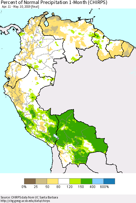 Northern South America Percent of Normal Precipitation 1-Month (CHIRPS) Thematic Map For 4/11/2019 - 5/10/2019