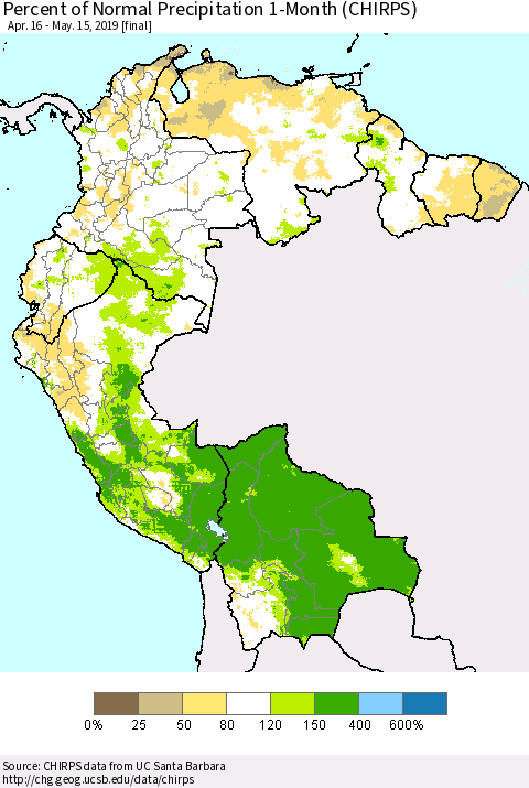 Northern South America Percent of Normal Precipitation 1-Month (CHIRPS) Thematic Map For 4/16/2019 - 5/15/2019