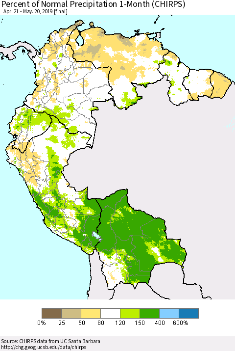 Northern South America Percent of Normal Precipitation 1-Month (CHIRPS) Thematic Map For 4/21/2019 - 5/20/2019